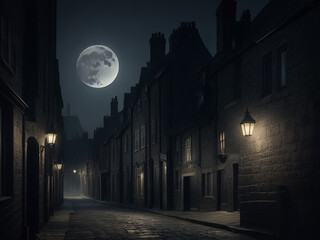 Gloomy dark street, big moon, AI