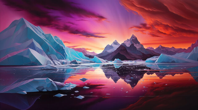 Sunrise over the mountains and sea with large chunks of ice or iceberg floating