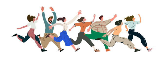 Group of male and female buyers running fast. They are chasing sales. Isolated on white background. Flat graphic vector illustration.