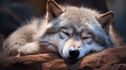 Grey Sleeping Wolf: Captivating Image of a Wild Canine Beast in Restful Slumber - obrazy, fototapety, plakaty