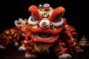 Backlit Chinese Lion Dance Troupe Showing Traditional Asian Cultural Celebration Performance in...