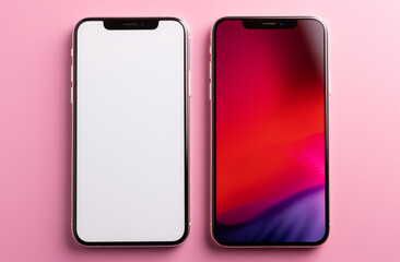 Two iPhones. Isolated on a pink background. Insert your own screen image. For app mockups.