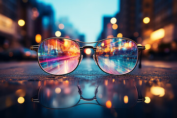 A pair of glasses. On the street. Bringing the world into focus. Seeing clearly. Advertising. Marketing concept. Clarity. - obrazy, fototapety, plakaty