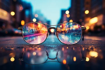 Fotobehang A pair of glasses. On the street. Bringing the world into focus. Seeing clearly. Advertising. Marketing concept. Clarity. © Delta Amphule