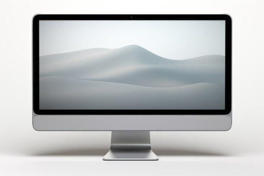 A computer monitor isolated on a white background. Insert your own image. Narrow bezel. Marketing software. Blank screen. Mockup.
