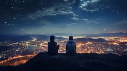 loving couple gazes at the nighttime cityscape from the hilltop - Powered by Adobe