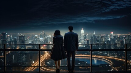 Under the starry sky, an enamored couple gazes at the city's nocturnal panorama from the hill's peak.