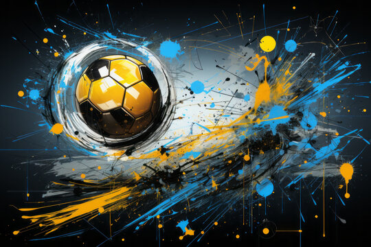 A dynamic image of soccer. A football flying through the air. Painted. Splashes of yellow. Vivid colours. Action. 