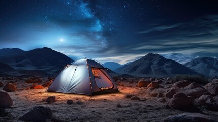 Tourist camping in the desert and mountains at night