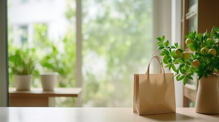 Fototapeta premium wooden tabletop serves as the stage for a shopping bag and a variety of fresh