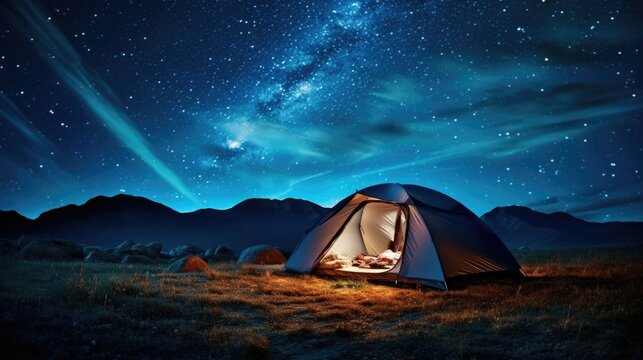Tourists pitch tents in the desert and mountains at night