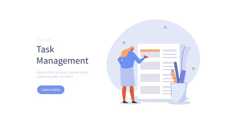 Time management. Character planning work tasks and setting business goals. Organization concept. Vector illustration.