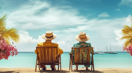 Old couple sitting on chairs on the tropical beach and looking at the sea