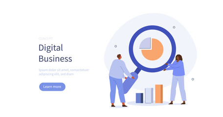 
Analytics team. Characters working together on project and analyzing report, graphs, charts and other corporate data. Digital business concept. Vector illustration.