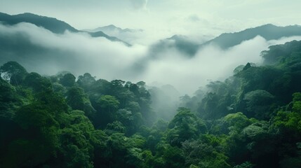 bird's-eye view reveals a tropical rainforest blanketed in morning mist