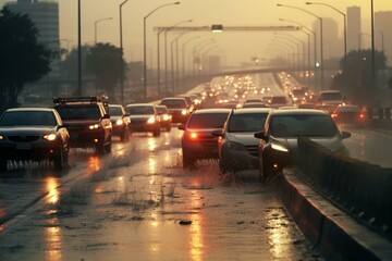 Cars on wet freeway. Generative AI