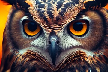 Owl headshot with closeup of face. - obrazy, fototapety, plakaty