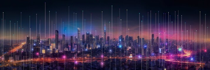 Fototapeta premium Smart city and abstract dot points connect with gradient lines and aesthetic Intricate wave line design, big data connection technology concept.