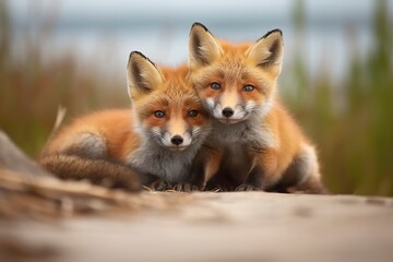 Wild baby red foxes cuddling at the beach.