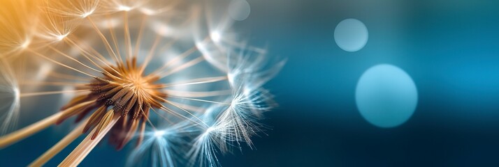 Abstract blurred nature background dandelion seeds parachute. Bokeh pattern.