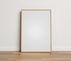 Wood frame mockup. Wooden frame standing on the floor. 3D Render.