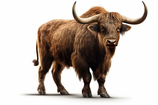 Realistic aurochs standing, white background. Generative AI