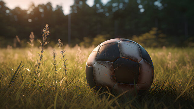 A vibrant image capturing a soccer ball resting peacefully on a sun-kissed grassy field under the clear, blue sky