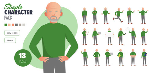 Simple flat old senior male vector character in a set of multiple poses. Easy to edit and isolated on a white background. Modern trendy style character mega pack with lot's of poses. 