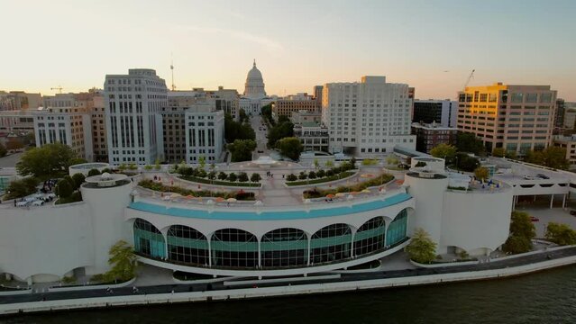 Downtown Madison Wisconsin Monona Terrace during sunset autumn drone footage