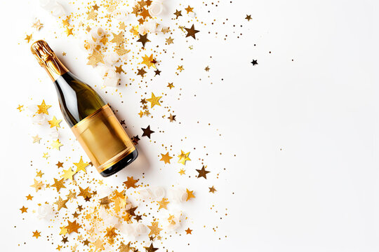 golden champagne bottle with confetti star decoration on white background, Festive Christmas and New Year background