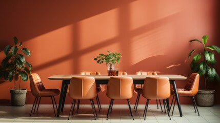 Beige leather ergonomics chairs at round meeting table against bright tone wall. Minimalist style, Modern office interior design of meeting room. - obrazy, fototapety, plakaty