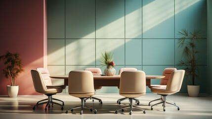 Beige leather ergonomics chairs at round meeting table against bright tone wall. Minimalist style, Modern office interior design of meeting room.