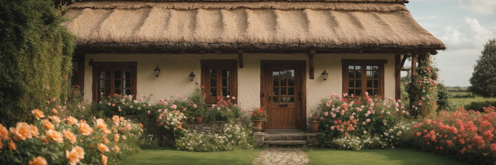 Fototapeta na wymiar Charming cottage with a thatched roof. Background