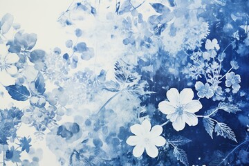 Cyanotype on paper with floral sunprint pattern. Generative AI