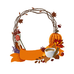 Hand drawn fall wreath  with orange pumpkin, mushroom, autumn leaves, flowers , pumpkin spice latte coffee, ribbon banner. Floral autumn  digital art drawing transparent background © chloes_illustrations