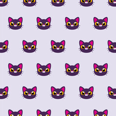 Vector cute cat head cartoon faces animals seamless pattern