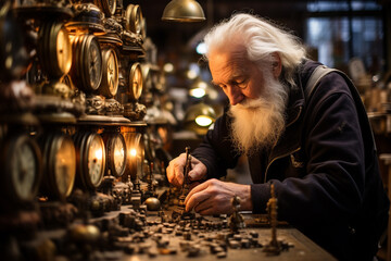 old watchmaker in his mysterious workshop repairs watches with his big white beard