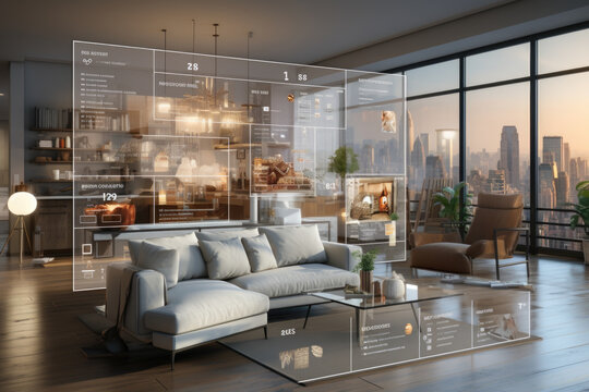 A metaverse marketplace displaying virtual real estate listings and property details. Generative Ai.