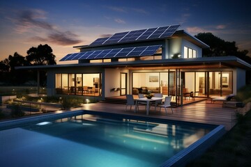 Contemporary home at night with pool and solar panels. Generative AI