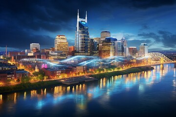 Night skyline of Nashville's Broadway district over Cumberland River with a panoramic view. Education concept, academic research, top-ranking universities, hologram. Generative AI