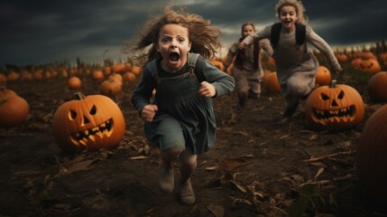 Halloween scene, terrified screaming kids runs in panic across a field filled with carved pumpkins. Children girl and boy are scared.
