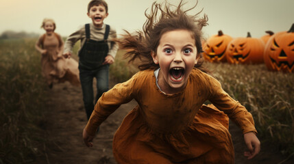 Halloween scene, terrified screaming kids runs in panic across a field filled with carved pumpkins. Children girl and boy are scared.