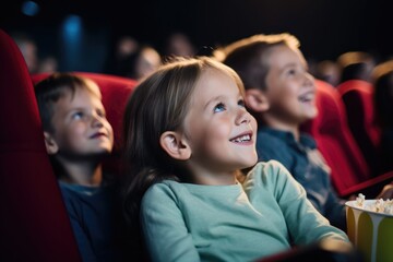 little kids joyfully watching a movie at cinema - obrazy, fototapety, plakaty