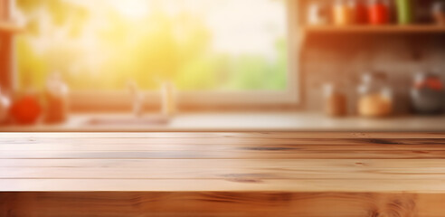 Wooden table on blurred kitchen bench background. Empty wooden table and blurred kitchen background