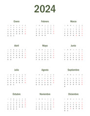 Spanish 2024 calendar with spanish holidays. Design template start from monday. Full months for wall calendar

