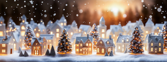 A miniature winter village scene set at sunset with a dark sky with falling snow and orange lights illuminating the houses and trees. The ground is covered in snow. Magical and dreamy mood.