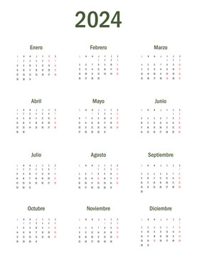Spanish 2024 calendar with spanish holidays. Design template start from monday. Full months for wall calendar

