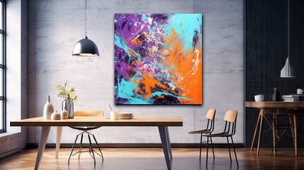  a painting on a wall above a table in a room.  generative ai