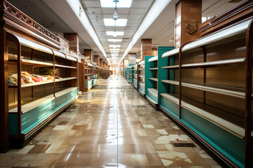 Empty shelves in supermarket store. Economic and food crisis - obrazy, fototapety, plakaty