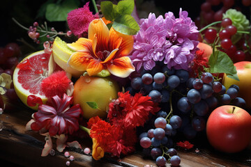 Obraz na płótnie Canvas A detailed still life painting of vibrant flowers and fruit, showcasing realism. Generative Ai.